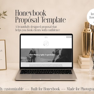 May include: A laptop screen displaying a Honeybook Proposal Template for photographers. The screen shows a black and white image of a couple and text. Above the laptop, the text reads Honeybook Proposal Template. Below, text reads Fully customizable, Built for Honeybook, Made for Photographers.