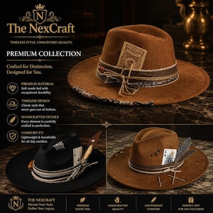 May include: Three fedora hats in brown and black colours, featuring decorative elements such as playing cards, feathers, wooden beads, and twine accents. The hats have wide brims and structured crowns, with some displaying frayed fabric trim and stitching.
