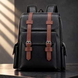 Puede incluir: Una mochila negra con acabado texturizado que presenta dos correas verticales marrones con hebillas de metal plateado. La bolsa incluye una solapa superior, un bolsillo frontal y dos bolsillos laterales, asegurados con correas marrones y herrajes.