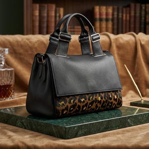 Könnte beinhalten: Eine schwarze Lederhandtasche mit strukturiertem Tragegriff und silberfarbenen Metallbeschlägen. Der untere Teil der Tasche zeigt ein braun-schwarzes Leopardenmuster, während die obere Klappe und die Griffe aus einfarbigem schwarzem Leder bestehen.