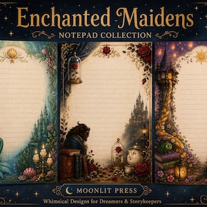 May include: Three rectangular lined notepads from the Enchanted Maidens 002 collection by Moonlit Press. The left notepad features a mermaid, the center shows a beast and rose, and the right displays a tower, lantern, and frying pan.