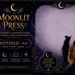 May include: A dark blue A4 notepad titled Moonlit Press with gold text and celestial motifs. The left side features branding and icons, while the right side provides lined writing space. An illustration of a winged couple appears at the bottom right.