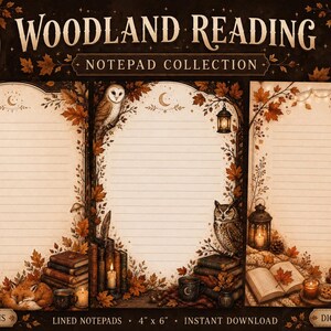Può includere: Tre design di blocchi per appunti a righe intitolati Woodland Reading Notepad Collection 001. Ogni stampabile digitale da 10 x 15 cm presenta foglie autunnali, gufi, volpi, libri, lanterne e candele in una calda tavolozza di colori marroni. Marchio Moonlit Press.