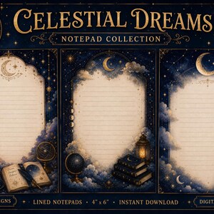 Könnte beinhalten: Ein Set aus drei liniertem Notizblöcken im Format 10x15 cm mit dem Titel Celestial Dreams Notepad Collection 004. Jeder Block zeigt einen dunkelblauen Himmelsgrund mit goldenen Sternen, Monden, Wolken, Büchern, Globen, Laternen und Federkielen.