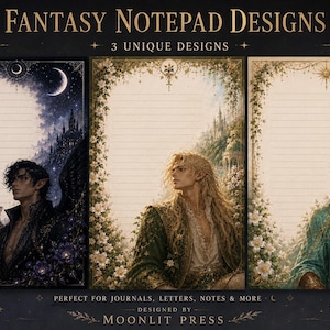 Könnte beinhalten: Ein Set aus drei liniertem A4-Notizblöcken mit dem Titel Fantasy Notepad Designs von Moonlit Press. Jeder Notizblock zeigt eine einzigartige Illustration einer Person mit Fantasy-Elementen, dunklen Flügeln, Blumenranken und goldenen Details.