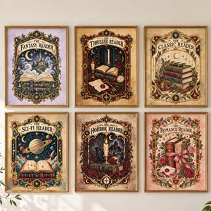 Könnte beinhalten: Sechs gerahmte rechteckige Wandkunstdrucke mit buchbezogenen Illustrationen. Jeder Druck zeigt einen Genre-Titel: The Fantasy Reader, The Thriller Reader, The Classic Reader, The Sci-Fi Reader, The Horror Reader und The Romance Reader.