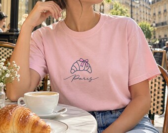 Croissant Shirt, Pink Bow Paris Tee, Coquette Croissant T-Shirt, Paris Gift for Her, Bakery Lover Comfort Colors Tee