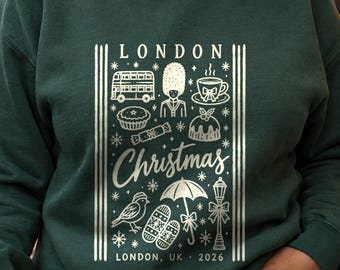Sudadera navideña de Londres, sudadera de cuello redondo con diseño navideño de Londres 2026, regalo de Navidad en Londres para ella, suéter navideño acogedor del Reino Unido