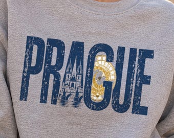 Sudadera de Praga, cuello redondo del casco antiguo de Praga, reloj astronómico dorado, regalo de viaje a la República Checa para mujeres