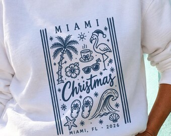 Sudadera navideña de Miami, sudadera de cuello redondo con diseño navideño de Miami 2026, regalo navideño tropical para ella, suéter navideño acogedor de Florida.