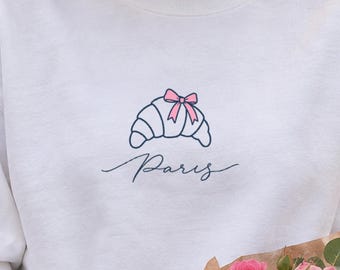 Croissant Sweatshirt, Pink Bow Paris Crewneck, Coquette Croissant Sweater, Paris Gift for Her, Bakery Lover Cozy Sweatshirt