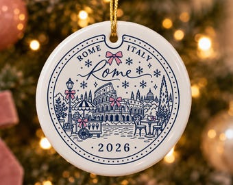 Rome Ornament 2026, Passport Stamp Christmas Ornament, Rome Travel Gift, Pink Bow Coquette Ceramic Ornament, Italy Trip Keepsake