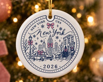 New York Ornament 2026, Passport Stamp Christmas Ornament, New York Travel Gift, Pink Bow Coquette Ceramic Ornament, USA Trip Keepsake