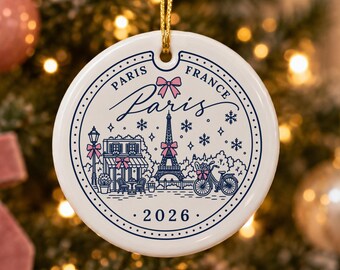Paris Ornament 2026, Passport Stamp Christmas Ornament, Paris Travel Gift, Pink Bow Coquette Ceramic Ornament, France Trip Keepsake