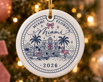 Miami Ornament 2026, Passport Stamp Christmas Ornament, Miami Travel Gift, Pink Bow Coquette Ceramic Ornament, Florida Trip Keepsake