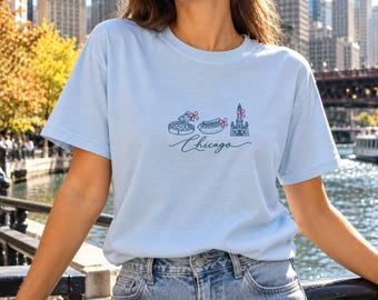 Chicago Shirt, Deep Dish Pizza Hot Dog Water Tower Tee, Pink Bow Coquette City Tee, Chicago Gift for Her, Windy City Comfort Colors Tee