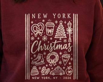 Sudadera navideña de Nueva York, sudadera con cuello redondo con diseño navideño de la ciudad de Nueva York 2026, regalo de Navidad en Nueva York para ella, suéter navideño acogedor