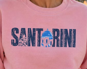 Sudadera Santorini, Oia Blue Dome Windmill Crewneck, Regalo de viaje a Grecia para mujer, Suéter acogedor de las islas griegas