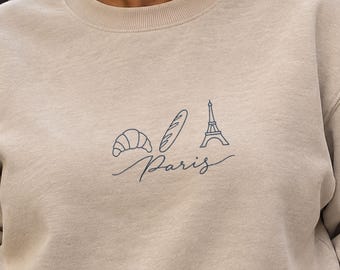 Sudadera de París, Croissant Baguette Eiffel de cuello redondo, Suéter minimalista de arte lineal de la ciudad, Regalo de París para ella, Suéter navideño de Francia