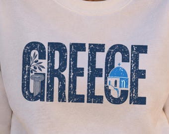 Sudadera de Grecia, cuello redondo de las islas griegas, cúpula azul cicládica y rama de olivo, regalo de viaje a Grecia para mujeres, suéter cómodo