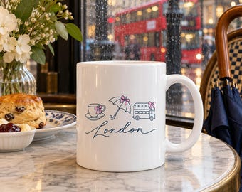 London Mug, Tea Cup Umbrella Double Decker Bus Coffee Mug, Pink Bow Coquette City Mug, London Gift for Her, 11oz Souvenir Mug