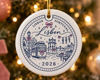 Lisbon Ornament 2026, Passport Stamp Christmas Ornament, Lisbon Travel Gift, Pink Bow Coquette Ceramic Ornament, Portugal Trip Keepsake