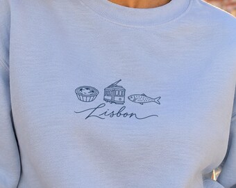 Sudadera de Lisboa, Pastel de Nata Tram 28 Crewneck, Suéter minimalista de arte lineal de la ciudad, Regalo de Lisboa para ella, Suéter de Navidad