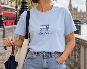 London Bus Shirt, Pink Bow London Tee, Coquette Double Decker T-Shirt, London Gift for Her, UK Travel Comfort Colors Tee