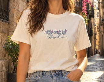Barcelona Shirt, Paella Mosaic Lizard Vermouth Tee, Pink Bow Coquette City Tee, Barcelona Gift for Her, Spain Comfort Colors Tee