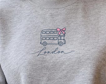 London Bus Sweatshirt, Pink Bow London Crewneck, Coquette Double Decker Sweater, London Gift for Her, UK Travel Cozy Sweatshirt