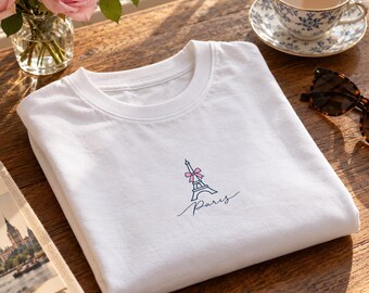 Eiffel Tower Shirt, Pink Bow Paris Tee, Coquette Eiffel T-Shirt, Paris Gift for Her, France Travel Comfort Colors Tee