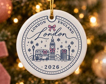London Ornament 2026, Passport Stamp Christmas Ornament, London Travel Gift, Pink Bow Coquette Ceramic Ornament, UK Trip Keepsake