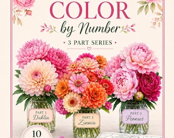 Bloemen kleuren op nummer bundel | Dahlia, Zinnia, Pioenroos (digitale download)