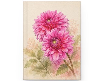 Notitieboek met harde kaft en aquarelprint van roze dahlia's | Notitieboekje met lijnen