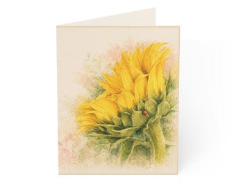 Wenskaart met zonnebloemillustratie | Blanco notitiekaart, lieveheersbeestje bloemenkunst
