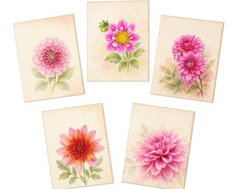 Vintage roze dahlia bloemen wenskaarten (5 stuks)