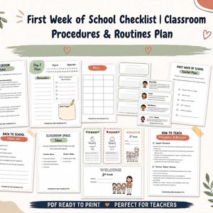 Peut inclure: Un ensemble de documents imprimables pour la gestion de classe intitulés First Week of School Checklist et Classroom Procedures and Routines Plan. Le kit comprend divers modèles pour la planification, des étiquettes de noms et des listes.