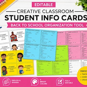 May include: A set of editable student information cards in five bright colors, featuring English and Spanish text templates. The cards include fields for name, date of birth, teacher, address, phone number, and emergency contact details.