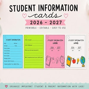 Student Information Cards Printable, Student Info Forms, Back to School Teacher Resource, Parent Information Cards, Editable PDF