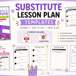 Peut inclure: Un ensemble numérique de modèles de plans de cours pour remplaçants intitulé Mr. Ross's Substitute Binder. Il comprend 12 pages modifiables aux formats PDF et PowerPoint, présentant diverses mises en page avec du texte noir sur fond blanc.