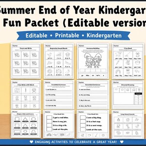 Peut inclure: Un pack d'activités ludiques de fin d'année pour la maternelle comprenant douze feuilles de travail imprimables et modifiables. Les pages incluent des exercices de comptage, de sons, de construction de phrases, de lecture et de dessin.