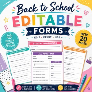 Peut inclure: Un ensemble de formulaires scolaires modifiables avec du texte et des graphiques colorés. Les documents incluent des informations sur les élèves, des questionnaires pour les parents et une page de présentation. Le design comprend des cœurs, des étoiles et des trombones, avec plus de 20 pages imprimables ou numériques.