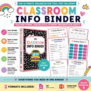 Peut inclure: Un ensemble de classeur d'informations pour la classe avec une couverture tachetée noire et blanche et un graphique de bus scolaire jaune. Inclut des modèles imprimables pour planificateurs, listes de classe, plans de salle et fiches techniques.