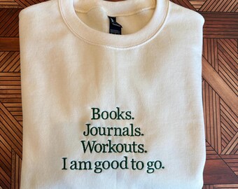 Books Journals Workouts Embroidered Cream Sweatshirt, Unisex Reader Crewneck