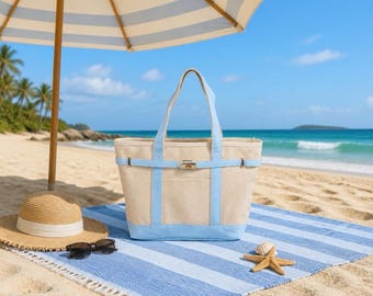 Canvas Beach Tote, Minimal Coastal Summer Travel Bag