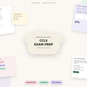 Puede incluir: Una guía de estudio digital para la preparación del examen CCLS, con una tarjeta de título central en forma de nube, índice, lista de verificación, tarjetas de evaluación de dominios y una pregunta de muestra en tonos pastel.
