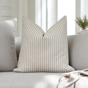 Natural Stripe Pillow Cover, Linen Stripe Pillow, Beige Stripe Throw Pillow, Modern Farmhouse Pillow Cover, Gift, Lumbar Linen Pillow Beige