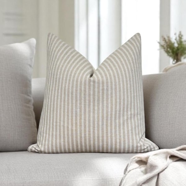 Natural Stripe Pillow Cover, Linen Stripe Pillow, Beige Stripe Throw Pillow, Modern Farmhouse Pillow Cover, Gift, Lumbar Linen Pillow Beige