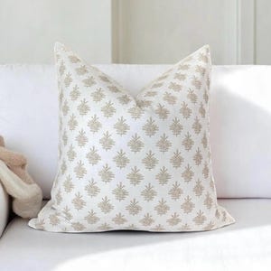 Block Print Pillow Cover Floral Pillow Fall Beige White Throw Pillow Modern Pillow Cover Linen Look Pillow for Fall