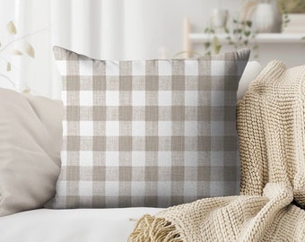 Plaid Pillow Cover, Beige Plaid Throw Pillow,  Modern Farmhouse Pillow Cover, Fall Pillow, Beige and White Pillow, Check Pillow Cover